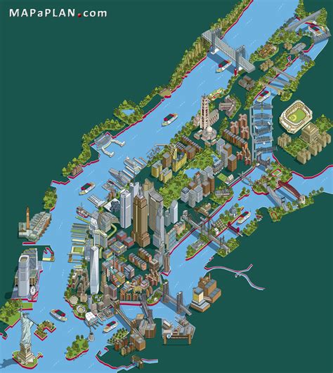 New York Top Tourist Attractions Map Landmarks Aerial Birds Eye View