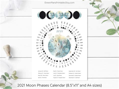 Printable 2021 Moon Phases Calendar 2021 Lunar Calendar Moon Etsy