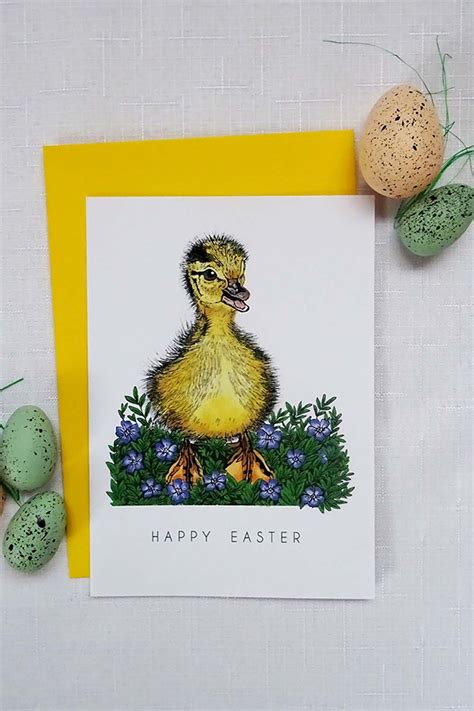 Easter Card With Cute Yellow Duckling And Blue Perwinkle Flowers
