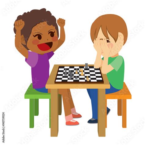 Two Cute Children Playing Chess With Happy Winning Girl With Arms Up