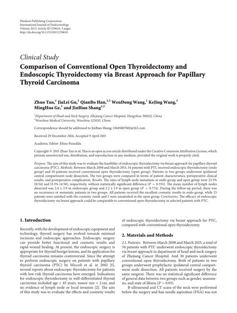 Pdf Comparison Of Conventional Open Thyroidectomy And Endoscopic