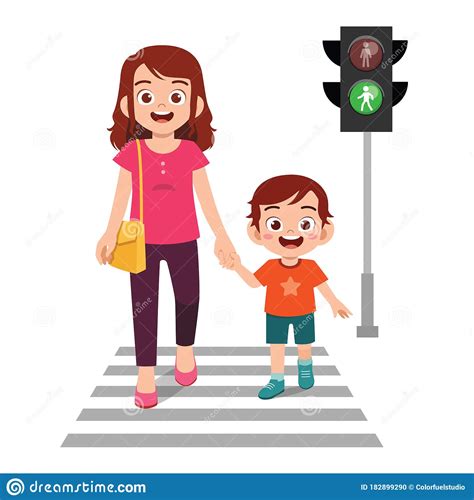 Happy Cute Little Kid Boy Cross The Road With Mother Stock Vector