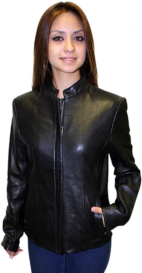 Womens Collarless Leather Jacket Genuine Lamb Leather Black Collarless Leather Jacket