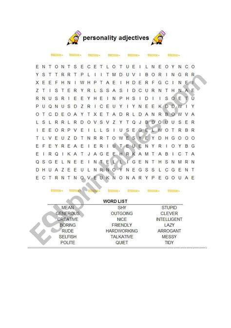 English Worksheets Personality Adjectives Wordsearch