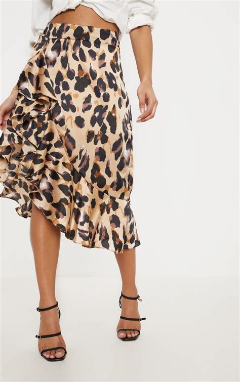 Leopard Print Satin Waterfall Midi Skirt Prettylittlething Usa