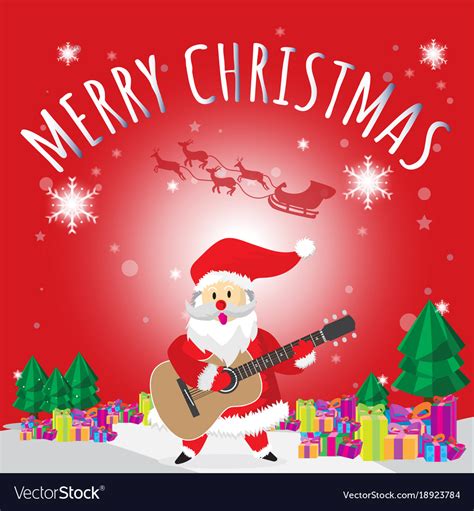 Santa Play Guitar Merry Christmas Red Background Vector Image
