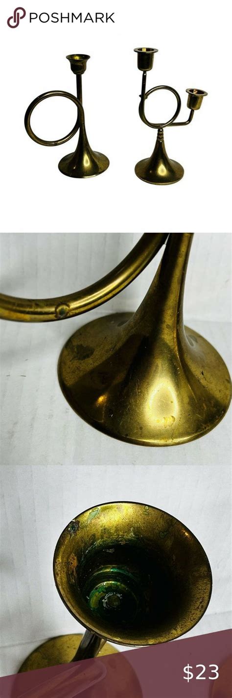 Vintage Mixed Pair Brass Candlesticks Trumpet Horn Bugle Looped 7 Mcm