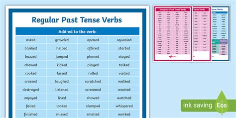 Past Tense Regular Irregular Verbs List Printable Resource