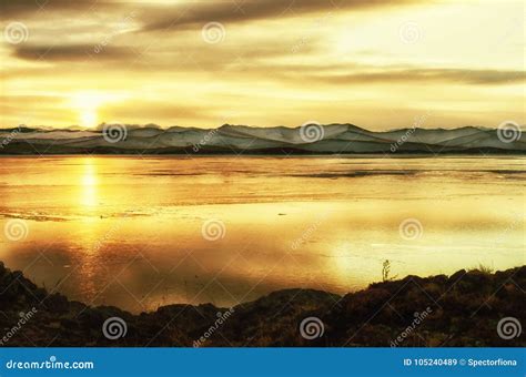 Beautiful Orange Sunset Over The Lake With Mountain Stock Image Image