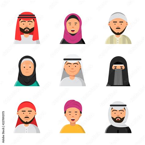 arab avatars islam muslim portraits of male and female hijab niqab vector flat icons for web