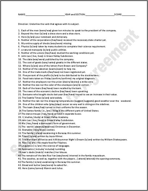Usually the subject comes first in a sentence. Subject Verb Agreement Quiz College Level Worksheet ...