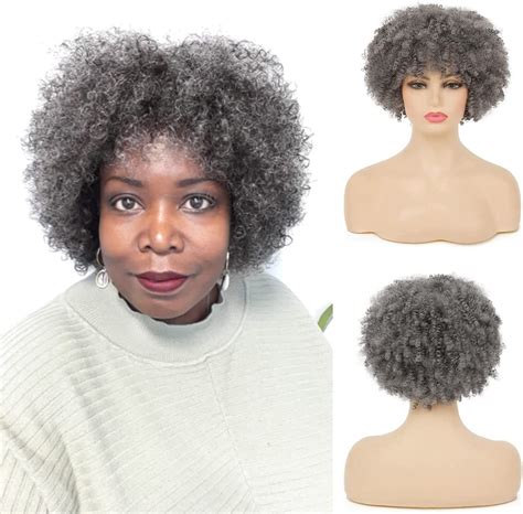 Baruisi Short Curly Afro Wigs For Women Grey Kinky Curls Synthetic Costume Cosplay Hair Wig
