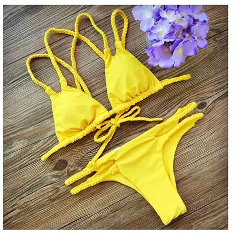 yellow braided rope sexy bandage bikinis swimwear 2016 push up biquini beach wear moda praia