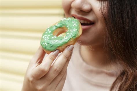 Donut Is Going To Eaten By Chubby Woman Stock Photo Image Of Gourmet Mouth