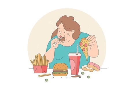 Premium Vector Fat Girl Hungry And Eat A Junk Food On The Table This