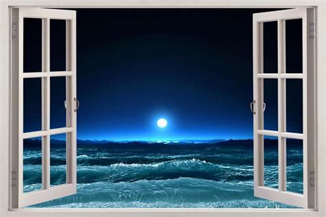 Moonlight Sea 3d Window View Decal Wall Sticker Art Mural Beach Waves