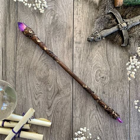 dark crystal wand purple and gold wand hand carved magic wicca wand ritual tools