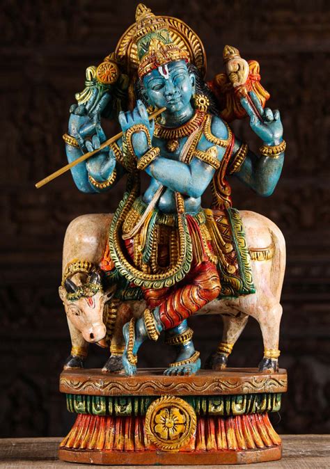 Sold Wood Gopal Krishna Playing Flute With Cow 24 96w1dd Hindu Gods And Buddha Statues