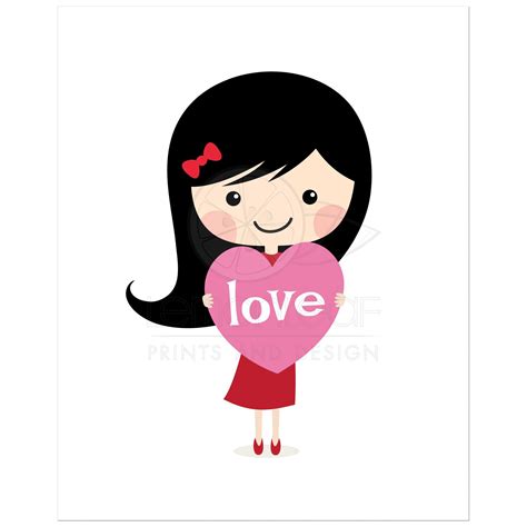 Cute Girl In Red Dress Holding A Pink Love Heart Wall Art For Kids