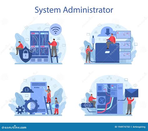 System Administrator Set People Working On Computer And Doing Stock