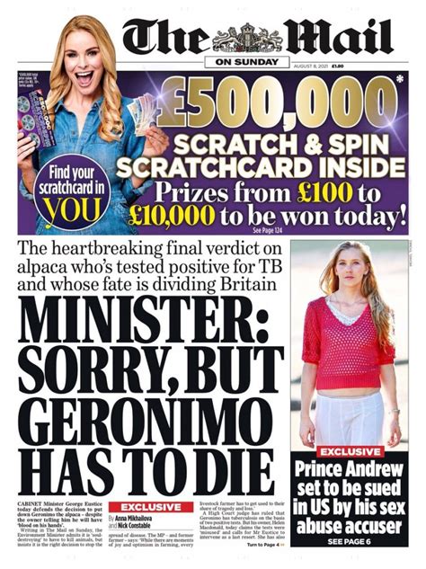 Mail On Sunday Front Page 8th Of August 2021 Tomorrow S Papers Today