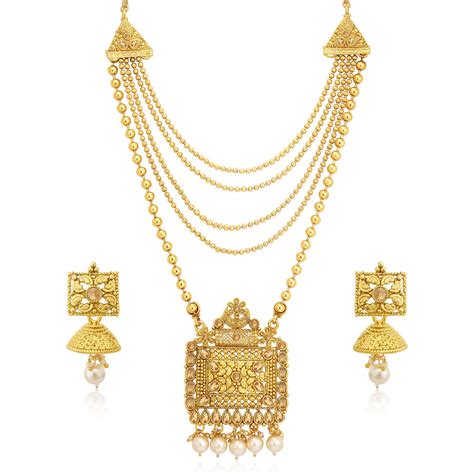 buy sukkhi classy pearl gold plated wedding jewellery lct stone long haram necklace set for