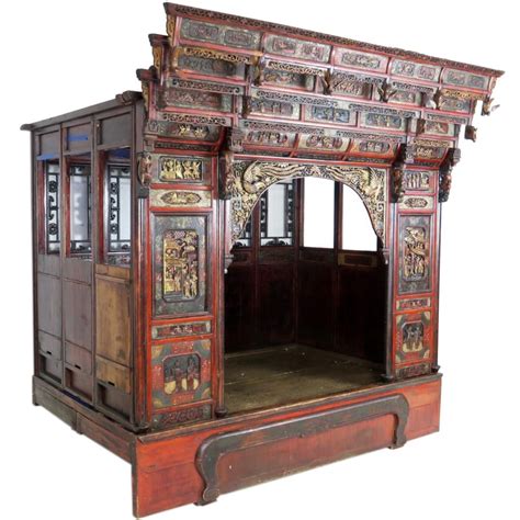 Antique Chinese Wedding Opium Canopy Bed With Intricate Carvings