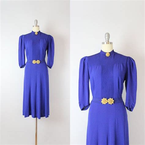 Reserved Vintage 30s Rayon Dress 1930s Royal Blue And Gold Etsy