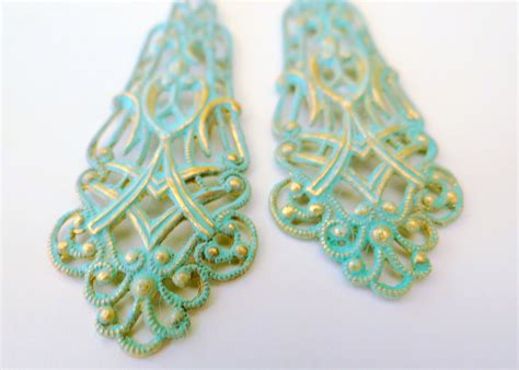 Turquoise Patina Chandelier Earrings Vintage Brass Filigree Etsy