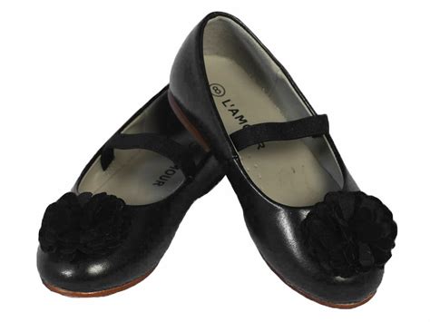 L Amour Girls Black Dress Shoes W Flower Pom