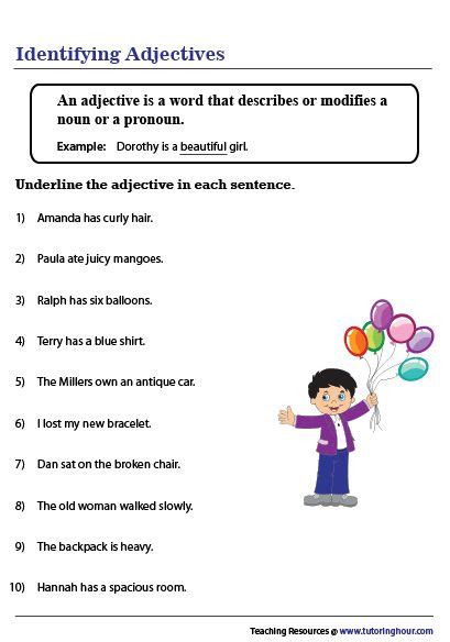 Worksheet: Identify the Adjectives in Sentences | Describing words