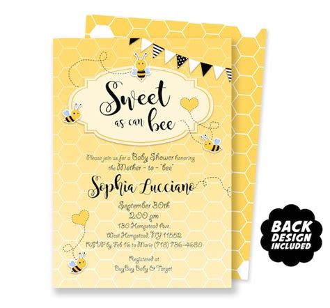 Sweet As Can Bee Baby Shower Invitation Printable File Back Etsy