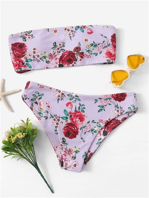 Random Floral Bandeau With Panty Bikini Set Sheinsheinside Bikinis