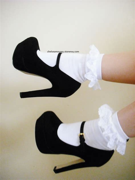 Black High Heel Shoes With White Lace Ruffle Socks Socks And Heels Frilly Socks Black High
