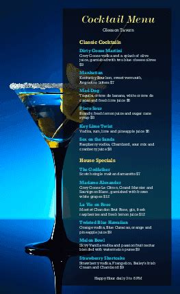 Simply download your menu as a pdf with bleed marks and print it off yourself. Cocktails Menu | Bar Menus