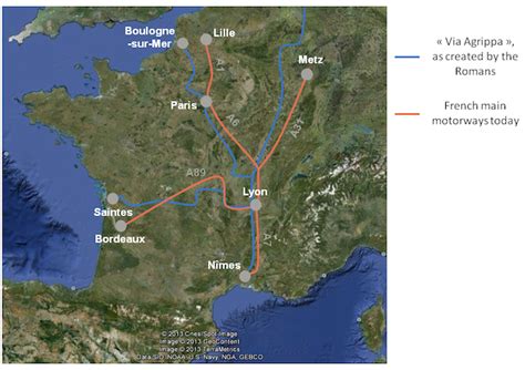 Map Of French Main Motorways Compared To The Ancient Via Agrippa