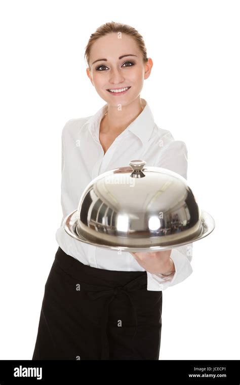 Happy Young Waitress Holding Tray And Lid Over White Background Stock