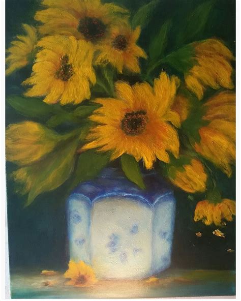 Sunflowers In Blue Vase Blue Vase Original Oil Blue Bird