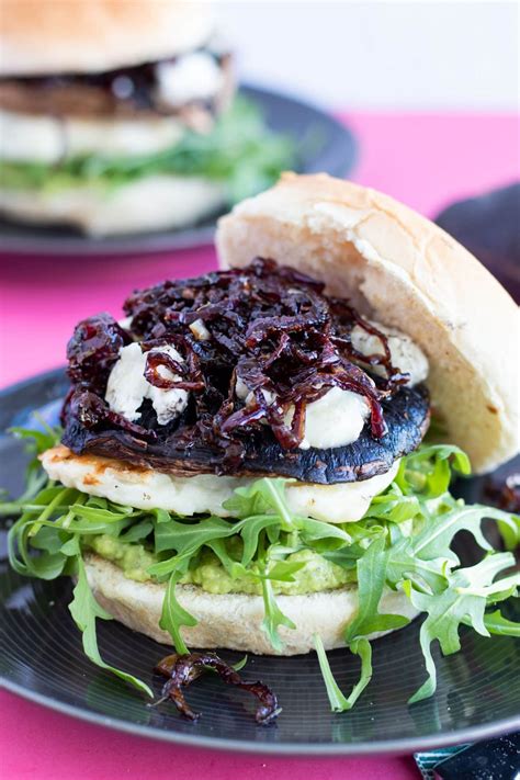 Start with an english muffin, then add a seasoned beef patty and top with sautéed onions and mushrooms for a memorable weeknight dinner. Portobello Mushroom Burgers with Halloumi & Caramelized Onions