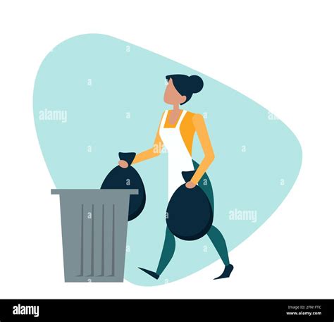 Vector Of A Young Woman Throwing Away Garbage Into A Trash Bin Stock
