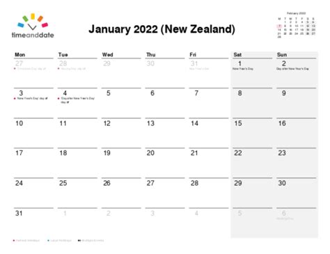 Printable Monthly Calendar — New Zealand — January 2022