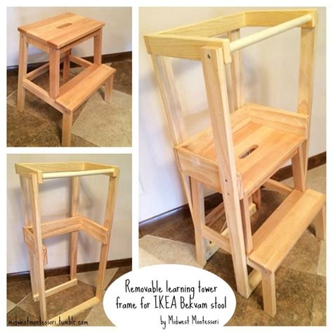 These wooden step stools help children reach the perfect countertop height. Midwest Montessori — Our DIY IKEA Bekvam learning tower