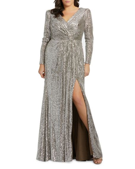 Mac Duggal Plus Size Sequin V Neck Long Sleeve Column Gown W Thigh Slit