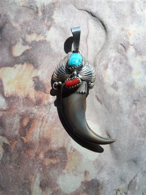 Navajo Bear Claw With Turquoise And Coral Set In Sterling Etsy