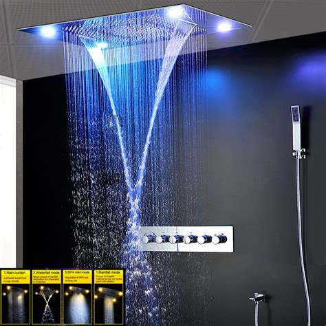 Modern Large Waterfall Shower Faucets Set Spa Ceiling Rainfall Led