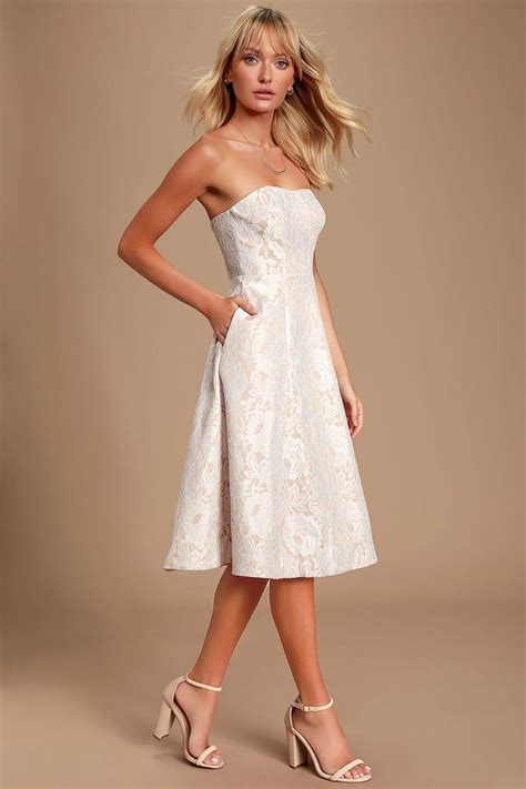Give It A Twirl White Lace Strapless Midi Dress Dresses Strapless Dress Formal Midi Dress