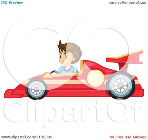 Cartoon Of A Boy Driving A Red Race Car Royalty Free