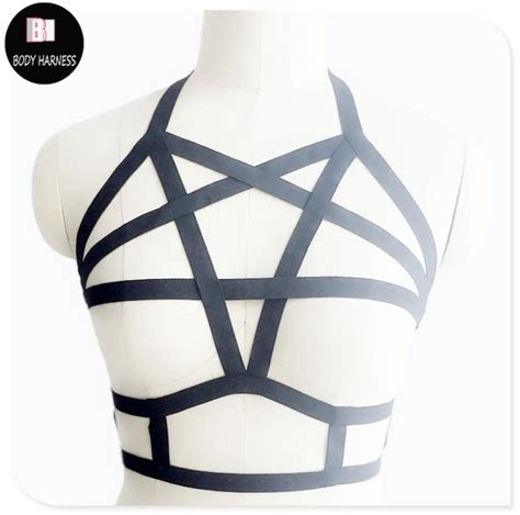 Black Body Harness Sexy Lingerie Spandex Harajuku Pastel Gothic Pentagram Cage Bra Bondage