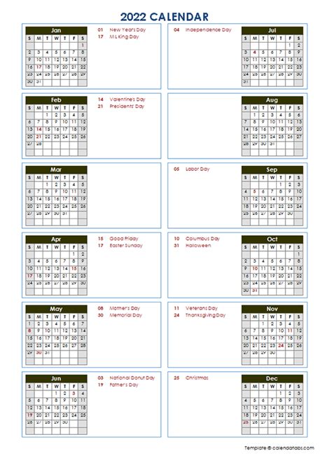 2022 Yearly Calendar Template Vertical Design Free Printable Templates