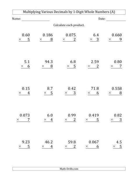 Multiplying Decimals By One Digit Numbers Worksheet
